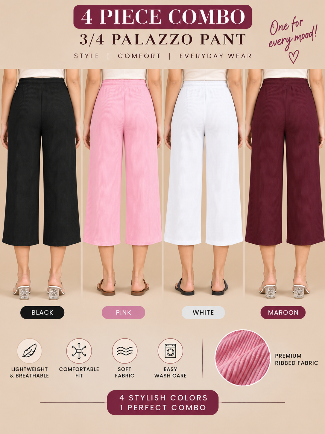 3/4 Palazzo Pant – 4 Piece Combo - Black Pink White Maroon