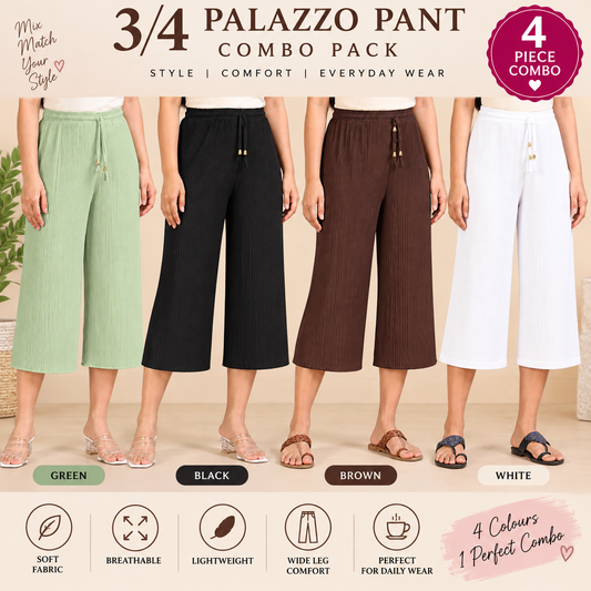 3/4 Palazzo Pant – 4 Piece Combo - Green Black Brown White