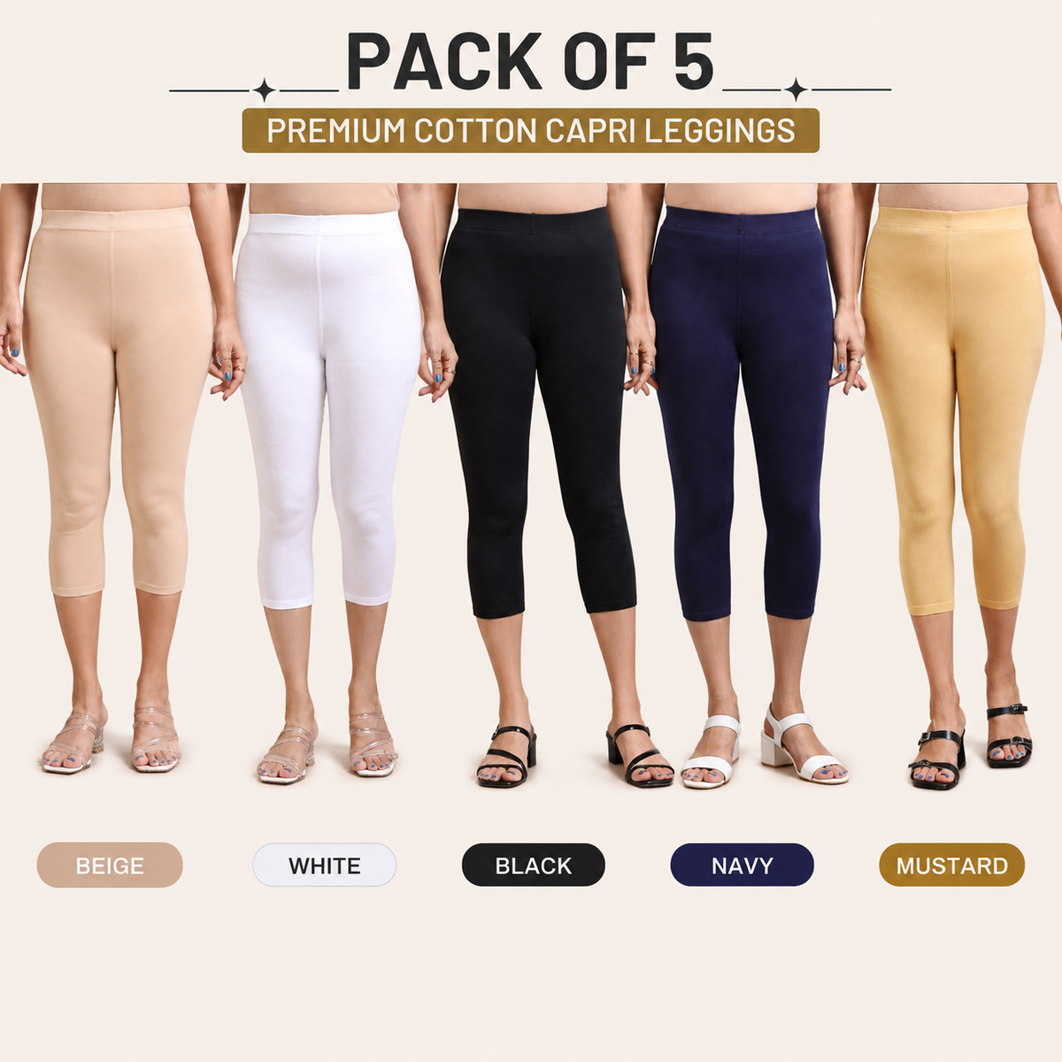 3/4 Capri Leggings – Beige,White,Black,Navy,Mustard