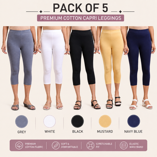 3/4 Capri Leggings – Grey, White, Black, Mustard, Navy