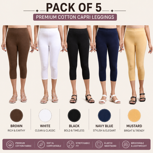 3/4 Capri Leggings – Brown, White, Black, Navy, Mustard