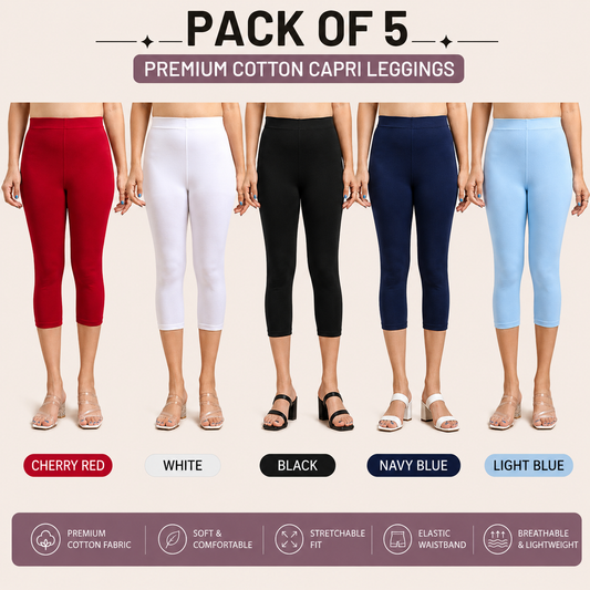 3/4 Capri Leggings – Cherry Red, White, Black, Navy Blue, Light Blue