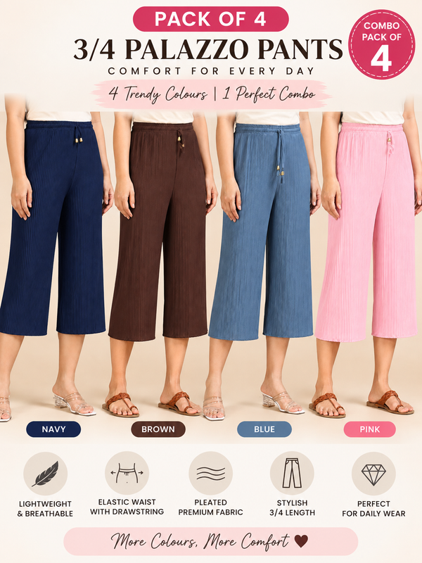 3/4 Palazzo Pant – 4 Piece Combo - Navy Brown Blue Pink