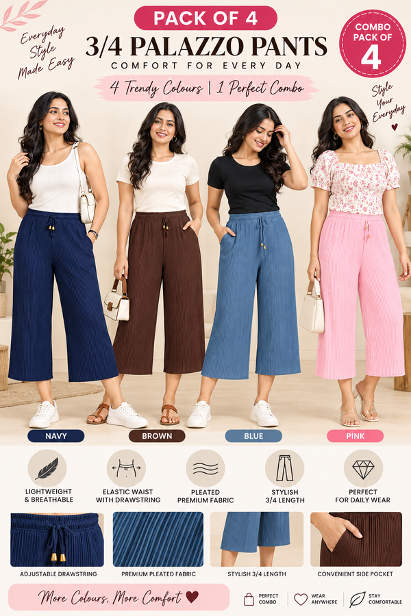 3/4 Palazzo Pant – 4 Piece Combo - Navy Brown Blue Pink