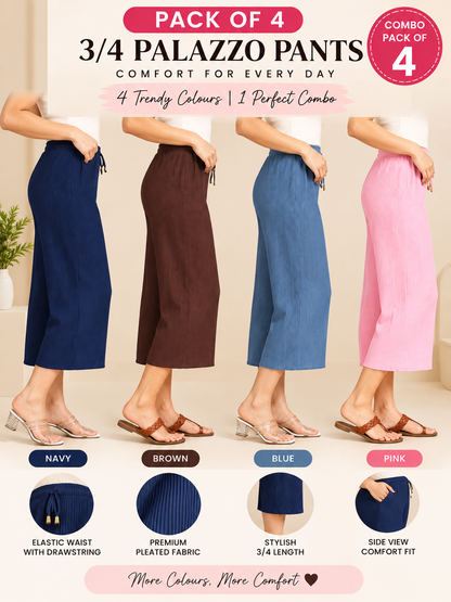 3/4 Palazzo Pant – 4 Piece Combo - Navy Brown Blue Pink
