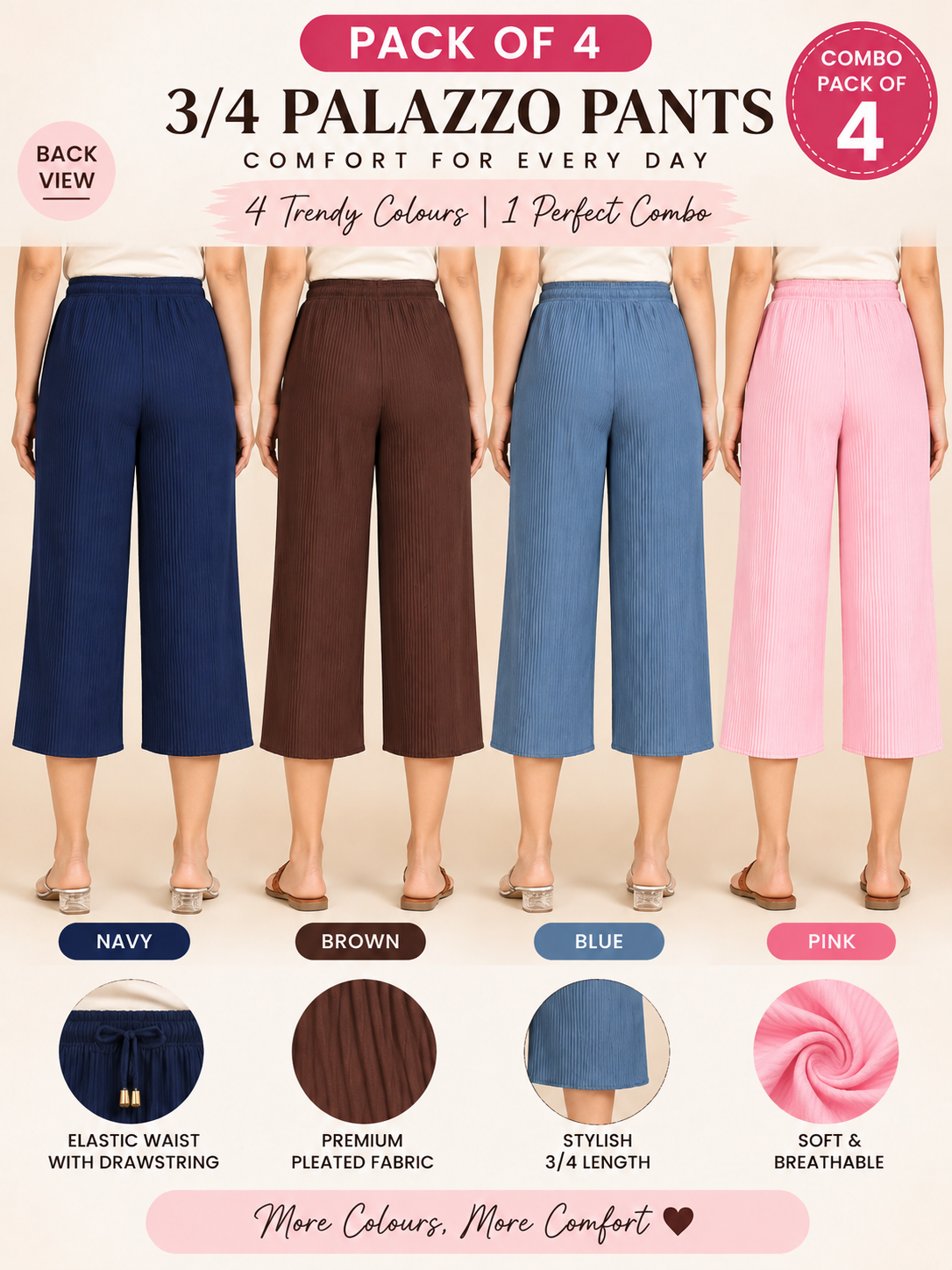 3/4 Palazzo Pant – 4 Piece Combo - Navy Brown Blue Pink