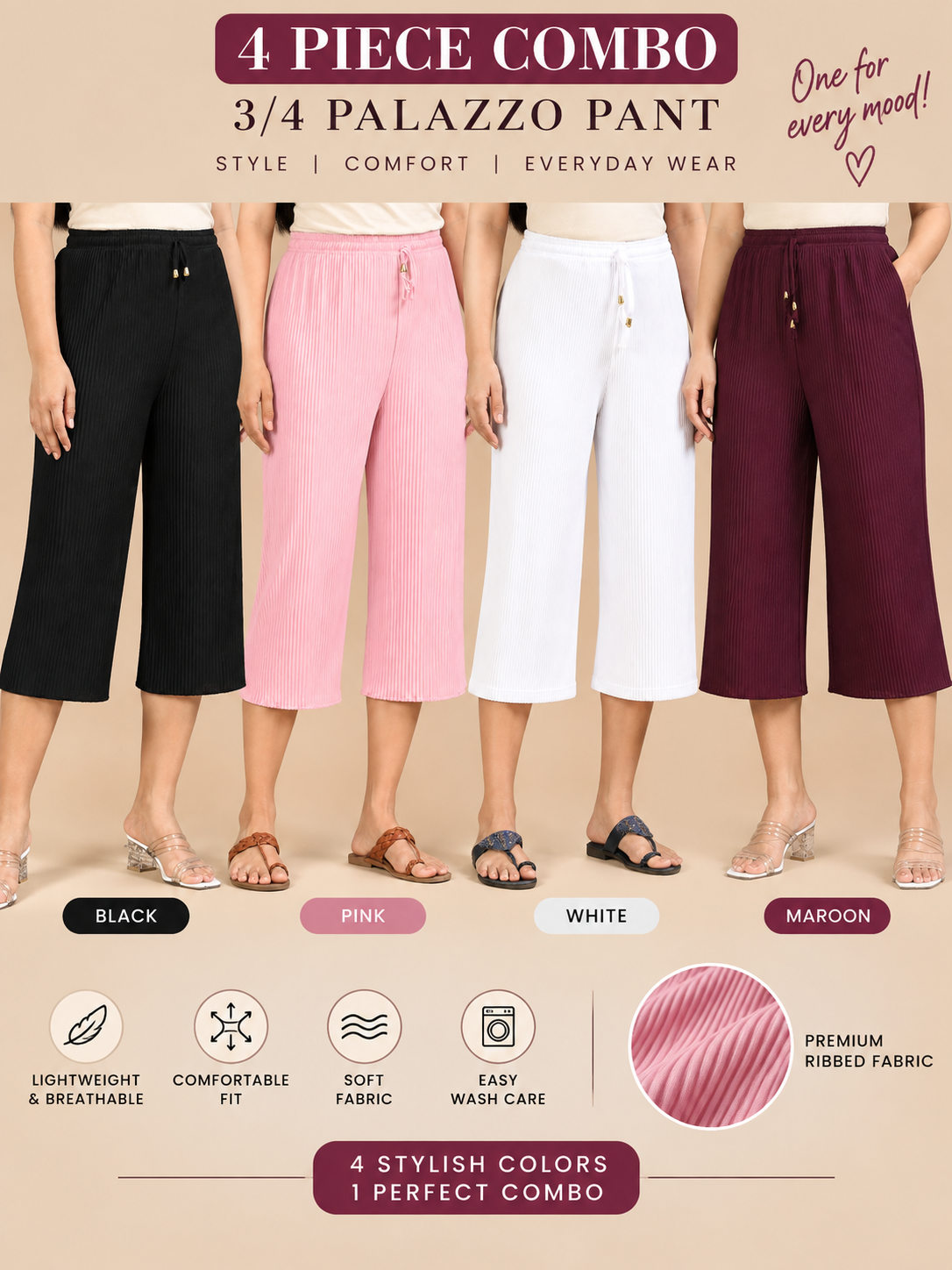 3/4 Palazzo Pant – 4 Piece Combo - Black Pink White Maroon