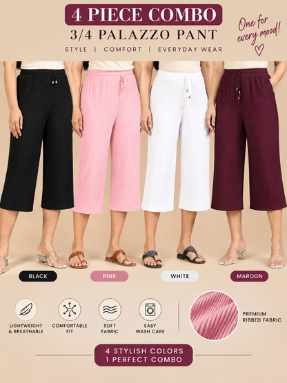 3/4 Palazzo Pant – 4 Piece Combo - Black Pink White Maroon