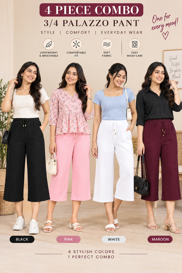 3/4 Palazzo Pant – 4 Piece Combo - Black Pink White Maroon