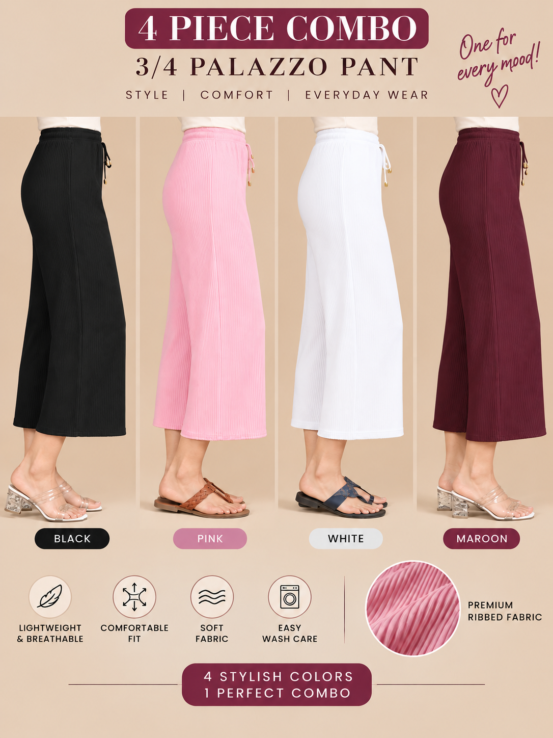 3/4 Palazzo Pant – 4 Piece Combo - Black Pink White Maroon