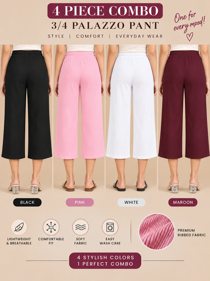 3/4 Palazzo Pant – 4 Piece Combo - Black Pink White Maroon