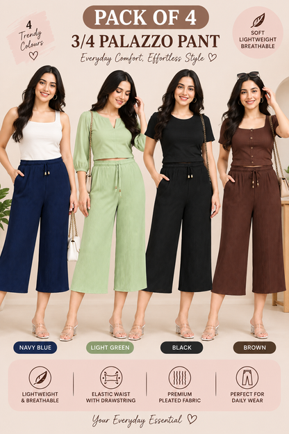 3/4 Palazzo Pant – 4 Piece Combo - Navy Light-Green Black Brown