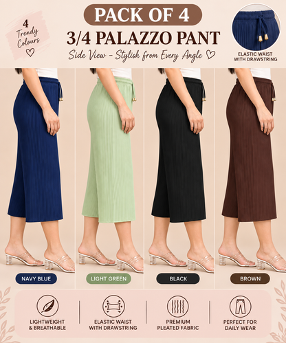 3/4 Palazzo Pant – 4 Piece Combo - Navy Light-Green Black Brown