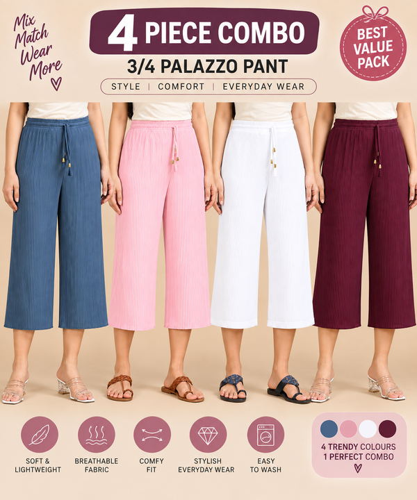 3/4 Palazzo Pant – 4 Piece Combo - Blue Pink White Maroon