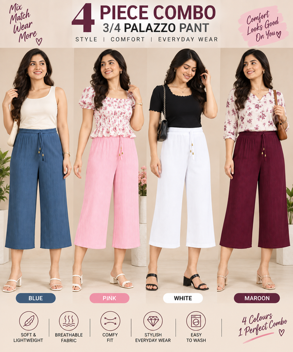 3/4 Palazzo Pant – 4 Piece Combo - Blue Pink White Maroon
