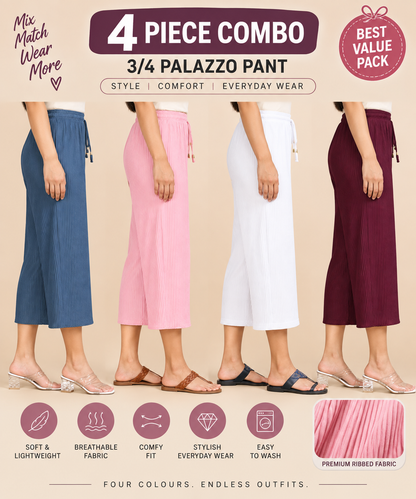 3/4 Palazzo Pant – 4 Piece Combo - Blue Pink White Maroon