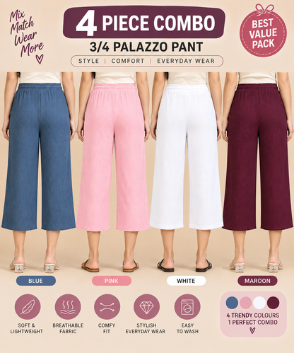 3/4 Palazzo Pant – 4 Piece Combo - Blue Pink White Maroon