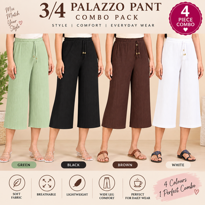 3/4 Palazzo Pant – 4 Piece Combo - Green Black Brown White