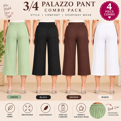 3/4 Palazzo Pant – 4 Piece Combo - Green Black Brown White