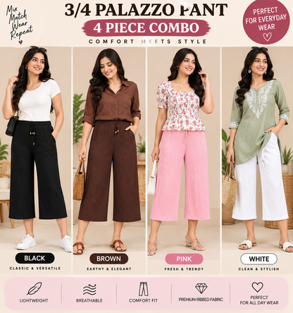 3/4 Palazzo Pant – 4 Piece Combo - Black Brown Pink White