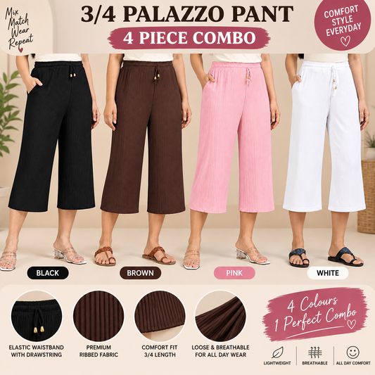 3/4 Palazzo Pant – 4 Piece Combo - Black Brown Pink White