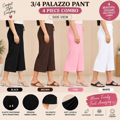 3/4 Palazzo Pant – 4 Piece Combo - Black Brown Pink White