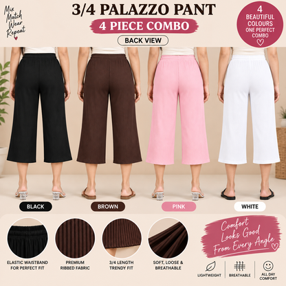 3/4 Palazzo Pant – 4 Piece Combo - Black Brown Pink White